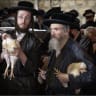 Ultra-Orthodox men line up to partake in the kapparot tradition in Mea She’arim in 2025.