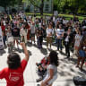 Pro-Palestinian students demonstrate on the campus of Emory University on April 25, 2024, in Atlanta, Georgia.