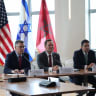 From left: Israeli FM Gideon Sa'ar, US amb. to UN Mike Waltz, and Moroccan FM Nasser Bourita meet to discuss the upgrade of diplomatic relations between Morocco and Israel on September 16, 2026. 