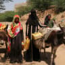 Women use donkeys to transport water jerrycans to the al-Bireen camp for displaced people who fled fighting between the Houthis and forces of Yemen's internationally recognized government in Taiz province, Yemen, September 17, 2026.