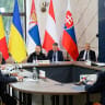 Ukraine's President Volodymyr Zelensky and other participants at the first-time Carpathian Eight Summit meeting, amid Russia's attack on Ukraine, in Ivano-Frankivsk region, Ukraine, September 18, 2026.