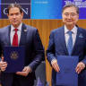 US Secretary of State Marco Rubio poses for a photo with South Korean Foreign Minister Cho Hyun during a trilateral meeting, on the sidelines of the NATO leaders' summit, in Ankara, Turkey, July 7, 2026.