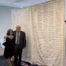 A shroud displaying the names of 20,000 Palestinian children is unveiled at the United Nations headquarters in New York City, September 18, 2026. 