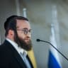Moti Leitner, chairman of the Haredi Public party, party members and supporters attend the launch of the party’s election campaign ahead of the upcoming Israeli general elections in Beit Shemesh, August 23, 2026.