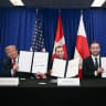 (L/R) US President Donald Trump, Denmark's Prime Minister Mette Frederiksen and Greenland's Prime Minister Jens-Frederik Nielsen sign a trilateral security deal on the sidelines of the 81st United Nations General Assembly in New York, on September 22, 2026. 