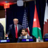 US President Donald Trump prepares to shake hands during a multilateral meeting with leaders from the Gulf Cooperation Council, which includes the United Arab Emirates (UAE), Qatar, Bahrain, Kuwait, and Oman, during the 81st United Nations General Assembly (UNGA) in New York City, US, September 22, 
