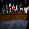 US President Donald Trump attends a Gulf Cooperation Council (GCC) multilateral meeting alongside Iraqi Prime Minister Ali al-Zaidi, Turkey's President Recep Tayyip Erdogan and King Abdullah II of Jordan on the sidelines of the 81st United Nations General Assembly in New York on September 22, 2026.