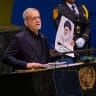 President of Iran Masoud Pezeshkian holds up a poster of assassinated Supreme Leader of Iran Ali Khamenei while addressing the 81st session of the United Nations (UN) General Assembly at UN Headquarters on September 23, 2026 in New York City.