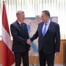 Latvian Defense Minister Raivis Melnis (left) meets with Defense Minister Israel Katz on September 24, 2026. 