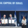  FOREIGN MINISTER Gideon Sa’ar and US Ambassador Mike Huckabee attend a signing ceremony for an agreement establishing a future permanent campus of the US Embassy in Jerusalem, at the Foreign Ministry in Jerusalem in July.