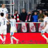 Israel's forward #22 Saied Abu Farchi (top L) celebrates scoring his team's first goal during the UEFA Nations League Group B3 football match between Austria and Israel in Linz, Austria on September 24, 2026. 