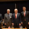 Prime Minister Benjamin Netanyahu (center) meets with Latin American leaders (L-R): Bolivian President Rodrigo Paz Pereira, Panamanian President José Raúl Mulino, and Paraguayan President Santiago Peña in New York City, September 24, 2026.