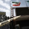 A symbolic mockup of an Iranian missile is displayed in Tehran Monday, 27th April 2026