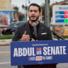 Democratic candidate for US Senate Abdul El-Sayed speaks to the press about rising gas prices outside a gas station in Detroit, Michigan, US, September 22, 2026.
