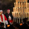 Pope Leo on the day of a candlelight procession, at the Grotto of the Apparitions, also known as the Grotto of Massabielle, at the Sanctuary of Our Lady of Lourdes during his four-day apostolic journey to France, in Lourdes, France, September 27, 2026. 