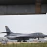 A US Air Force B-1 Lancer bomber is pictured on the tarmac at RAF Fairford base in Fairford, south-west England on September 27, 2026, as UK counter-terrorism police investigate an incident near the base in the village of Whelford.