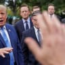 US President Donald Trump, flanked by US House Speaker Mike Johnson (R-LA) and Nvidia President and CEO Jensen Huang speaks to the media at the White House driveway following a luncheon for tech leaders in the East Room, in Washington, DC, US, September 29, 2026.