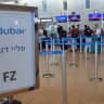Passengers queue at the flydubai counters in Ben Gurion Airport near Tel Aviv on September 30, 2026.