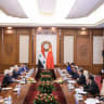 Syrian Foreign Minister Walid Muallem (3rd L) speaks with Chinese Foreign Minister Wang Yi (3rd R) during a meeting at Diaoyutai state guesthouse in Beijing on June 18, 2019. 