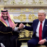US President Donald Trump and Saudi Crown Prince and Prime Minister Mohammed bin Salman hold hands during a meeting in the Oval Office at the White House in Washington, DC, US, November 18, 2025.