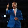 Reform UK leader Nigel Farage gestures during a rally, as part of the party's "100 Days to Save Britain" tour, in Doncaster, Britain, October 1, 2026.