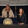 New York Attorney-General Letitia James stands with New York Governor Kathy Hochul at a news conference in Manhattan, where the governor announced a review of Cornell University’s initial response to allegations from a former student about being raped at a campus fraternity in 2024, October 2, 2026.
