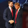 US Vice President JD Vance (L) welcomes US President Donald Trump to the stage on the second day of the 2026 Republican National Convention at the American Airlines Center on September 10, 2026 in Dallas, Texas.