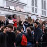 Students carry out a blocking protest at the Lycee Lamartine secondary school during a day of nationwide public sector strikes and demonstrations, in Paris, on September 29, 2026.