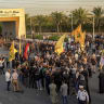 Demonstrators gather outside the Al-Najaf Al-Ashraf International Airport in Najaf on September 28, 2026, demanding the facility to be reopened for flights from Iran. 