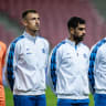  Daniel Peretz, Nikita Stoinov, Raz Shlomo, Eliel Peretz of Israel line up for national anthem during the UEFA Nations League 2026/27 group phase match between Israel and Republic of Ireland at Nagyerdei Stadion on September 27, 2026 in Debrecen, Hungary.