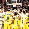 MACCABI TEL AVIV players celebrate following their 88-71 victory over Hapoel Jerusalem in the Winner Cup semifinals.