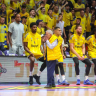 Maccabi Tel Aviv chairman Shimon Mizrahi alongside the players.