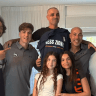 Ironi Ness Ziona basketball club founder Yaniv Mizrahi, Meir Tapiro, Adam Ariel and Jacob Wiley with Yaniv Hayoun and his daughters.