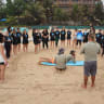 Dalit Ram Aharon (rear, C) takes part in a therapeutic surfing trip to Sri Lanka for women from Kibbutz Nir Oz. HaGal Sheli (My Wave) organized the trip as part of its therapeutic surfing programs for individuals affected by Oct. 7.