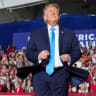 US President Donald Trump dances on stage during a rally at Pinnacle Bank Expo Center in Grand Island, Nebraska, US, October 5, 2026.