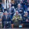 Israel Security Agency (Shin Bet) director David Zini with IDF chief Eyal Zamir and Israel Police Commissioner Danny Levy a special plenum session in honor of US President Donald Trump at the Knesset, the Israeli parliament in Jerusalem, on October 13, 2025.