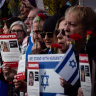 Israelis and supporters rally in support of the hostages outside the United Nations, Oct. 24, 2023.