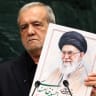 Iran's President Masoud Pezeshkian speaks as he holds a picture of Ali Khamenei, former Supreme Leader of Iran, during the 81st United Nations General Assembly at the United Nations Headquarters in New York, on September 23, 2026.