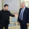 Ukrainian President Volodymyr Zelensky and Israeli politician Ze'ev Elkin meet in Kyiv.