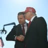 US President Donald Trump (R) shakes hands with Secretary of Defense Pete Hegseth as he arrives to speak at Anduril Industries in Sparrows Point, Maryland, on October 6, 2026; illustrative