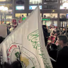 Pro-Palestinian protesters overwhelm the area of New York City's Union Square where an Israeli peace group planned to hold an Oct. 7 vigil on Oct. 7, 2026.