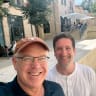 The writers – Jonathan Feldstein (L) and David Nekrutman – outside Café Basimta, not on Shabbat. 