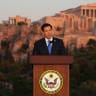 U.S. Secretary of State Marco Rubio speaks at the Pnyx hill, where ancient Athenians held democratic assemblies, with the ancient Parthenon temple atop the Acropolis seen in the background, in Athens on October 7, 2026.