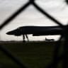 B‑1B Lancer bomber at the RAF Fairford airbase, which hosts US Air Force personnel, in Fairford, Gloucestershire, Britain, September 27, 2026. Police declared a major incident at UK's Fairford air base after several men were arrested on suspicion of offences under the Explosives Act.
