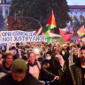 People take part in a demonstration on the anniversary of the Hamas attacks, Berlin, Germany, Oct. 7, 2026.