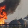 Flames burn at a facility belonging to Saudi oil giant Aramco south of Riyadh on October 3, 2026.