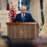 Prime Minister Benjamin Netanyahu speaks during a state memorial ceremony for civilians murdered in the October 7 Massacre, marking three years since Oct 7. 