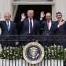 Prime Minister Benjamin Netanyahu, US President Donald Trump, Foreign Affairs Minister of Bahrain Abdullatif bin Rashid Al Zayani, and Foreign Affairs Minister of the United Arab Emirates Abdullah bin Zayed bin Sultan Al Nahyan participate in the signing ceremony of the Abraham Accords.