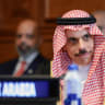 Saudi Foreign Minister Faisal bin Farhan Al-Saud attends a multilateral meeting with leaders from the Gulf Cooperation Council, which includes the United Arab Emirates (UAE), Qatar, Bahrain, Kuwait, and Oman, during the 81st United Nations General Assembly (UNGA) in New York City, US, September 22, 