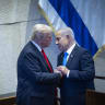 US President Donald Trump with Prime Minister Benjamin Netanyahu during a special plenum session in honor of  Trump at the Knesset on October 13, 2025. 